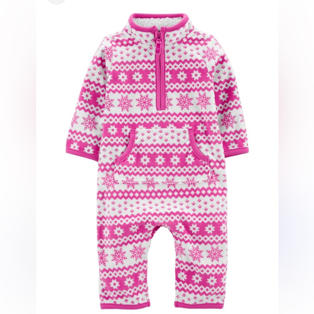Carter's Pink and White Fair Isle Fleece One-Piece Footie